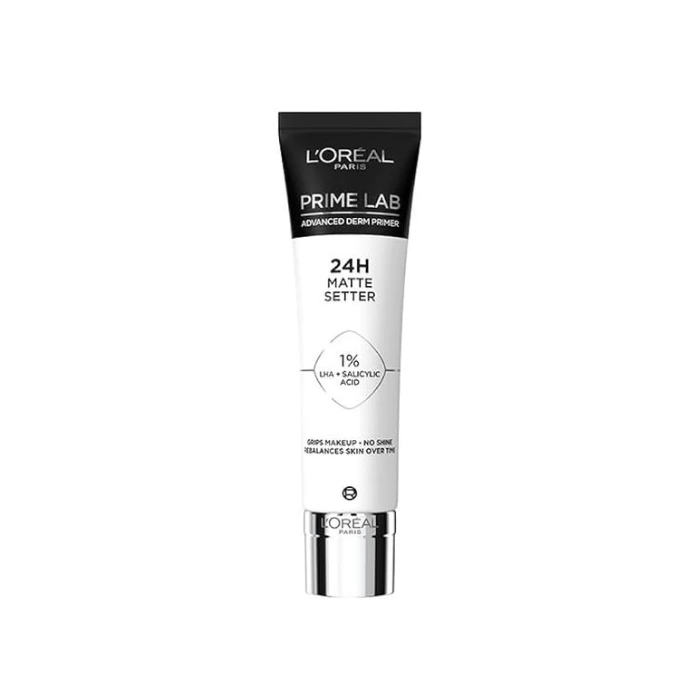 پرایمر مات کننده 24 ساعته لورال (L'Oreal Prime Lab 24H Matte Setter) – مناسب پوست‌های چرب و مختلط، حاوی سالیسیلیک اسید و LHA، با ماندگاری 24 ساعته و فرمولاسیون سبک.