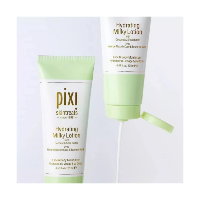 لوسیون آبرسان پیکسی Pixi Hydrating Milky Lotion، مناسب برای رطوبترسانی و تغذیه پوستهای خشک و حساس با ترکیبات مغذی.