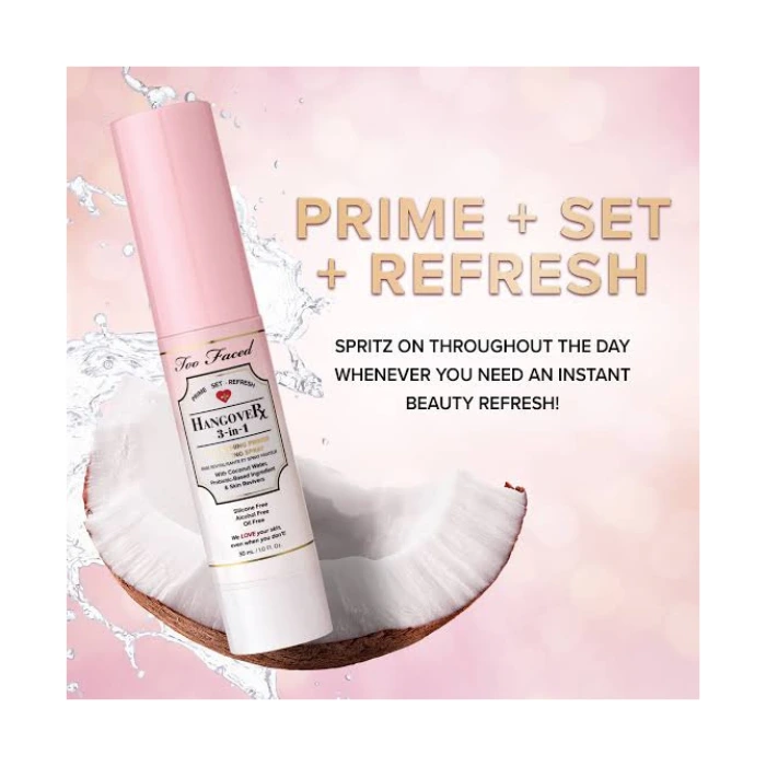 اسپری فیکس سهکاره توفیسد Too Faced Hangover 3-in-1 با طراحی سبک و فرمولاسیون آبرسان، مناسب برای افزایش ماندگاری آرایش و طراوتبخشی پوست.