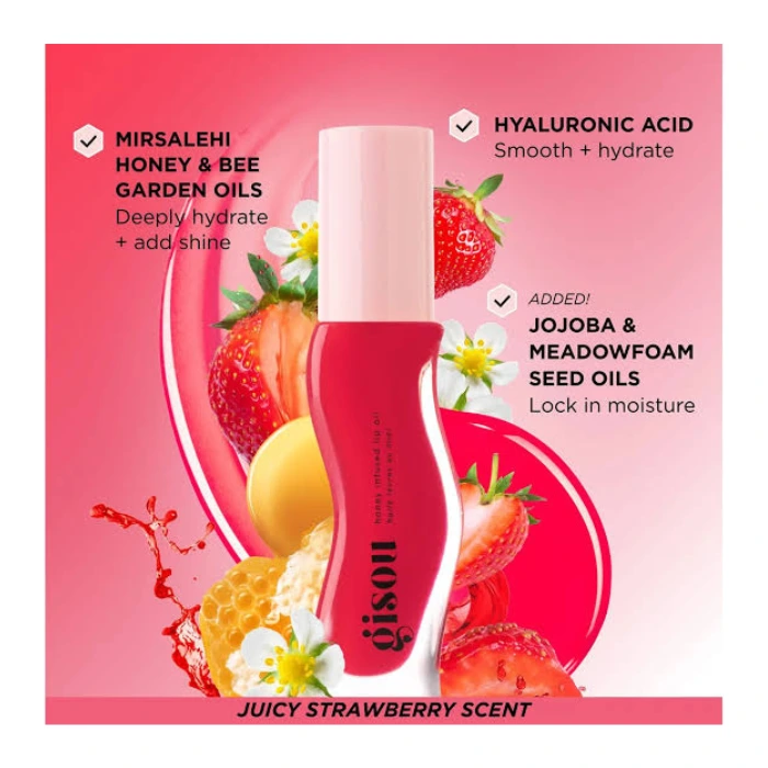 ٖلیپ اویل استرابری گیسو (Gisou Honey Infused Hydrating Lip Oil – Strawberry Sorbet) - تصویر 2